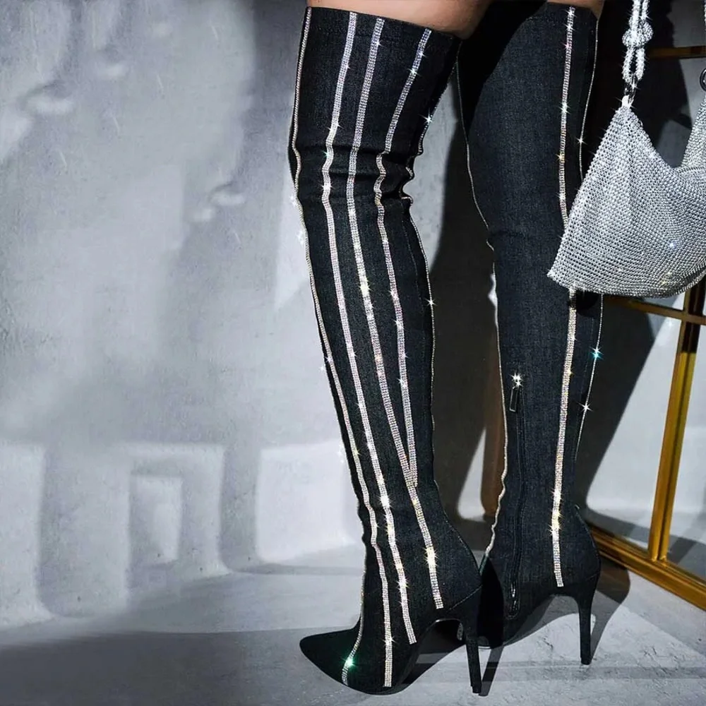 Cape Robbin🔥Black Stiletto Heel Rhinestone Striped Thigh Denim Boots for Women